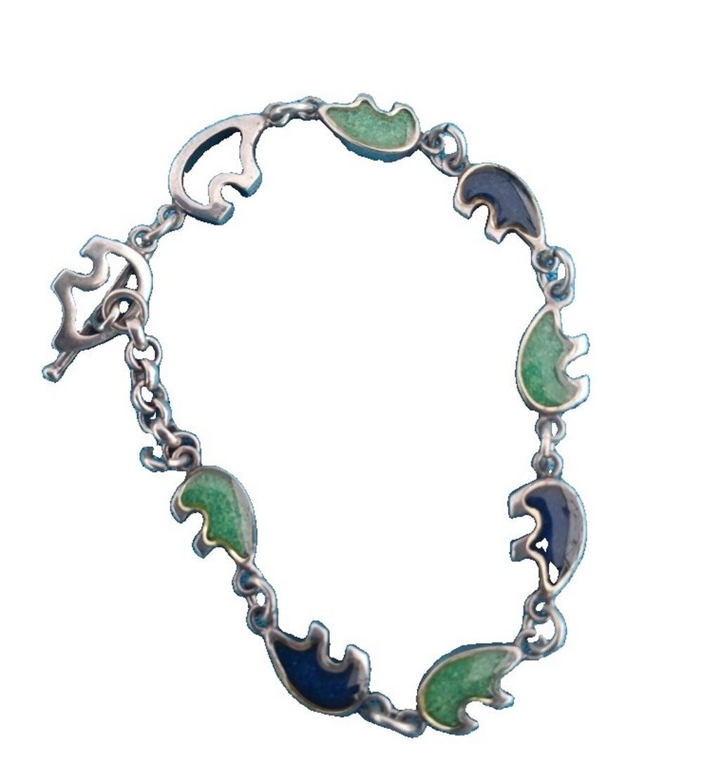 Vintage 925 Sterling Silver Bear Bracelet with Turquoise & Onyx Inlay